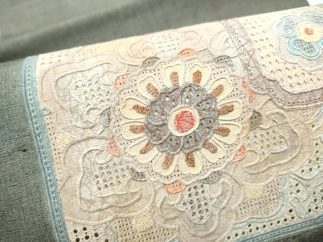 平和屋着物●中国三大刺繍 スワトウ相良刺繍 太鼓柄袋帯 紬地 色紙重ね花文 金彩 正絹 逸品 CABF8745hy