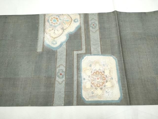 平和屋着物●中国三大刺繍 スワトウ相良刺繍 太鼓柄袋帯 紬地 色紙重ね花文 金彩 正絹 逸品 CABF8745hy