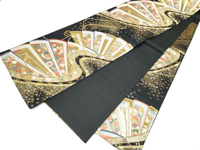 平和屋着物●全通柄袋帯 唐織 桧扇花文 黒地 金銀糸 正絹 逸品 CABF8762hy