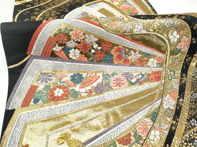 平和屋着物●全通柄袋帯 唐織 桧扇花文 黒地 金銀糸 正絹 逸品 CABF8762hy