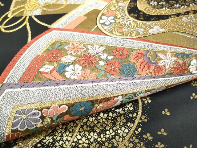 平和屋着物●全通柄袋帯 唐織 桧扇花文 黒地 金銀糸 正絹 逸品 CABF8762hy