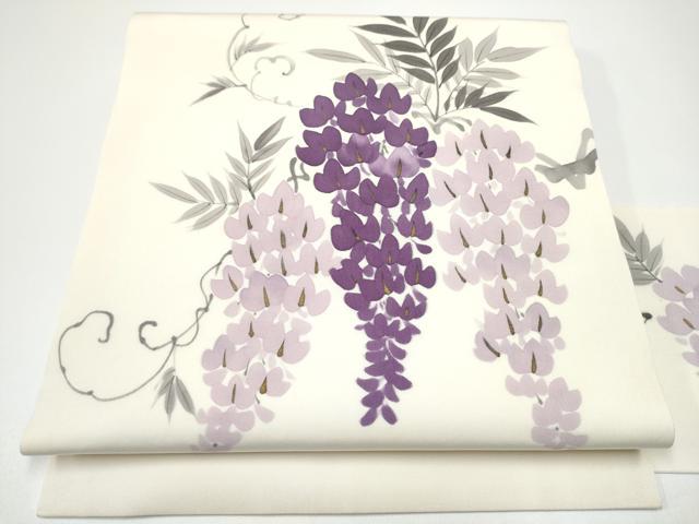 平和屋着物●塩瀬 九寸名古屋帯 手描き 藤花房 金糸 正絹 逸品 CABF8771hy