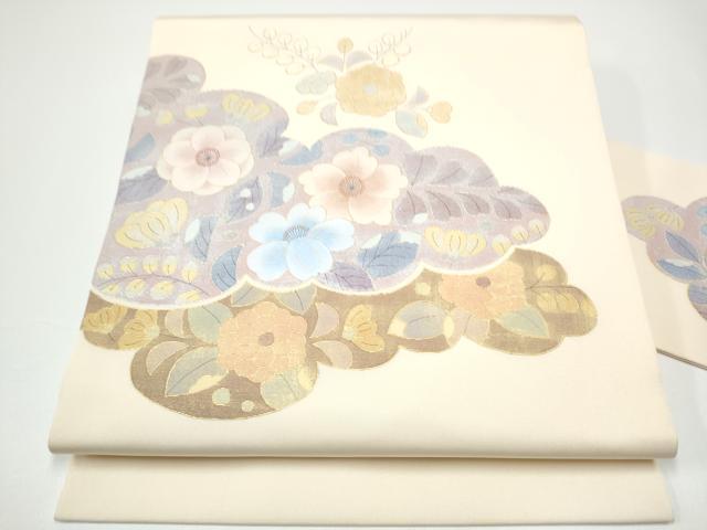 平和屋着物●塩瀬 九寸名古屋帯 雲重ね花文 金彩 正絹 逸品 CABF8777hy