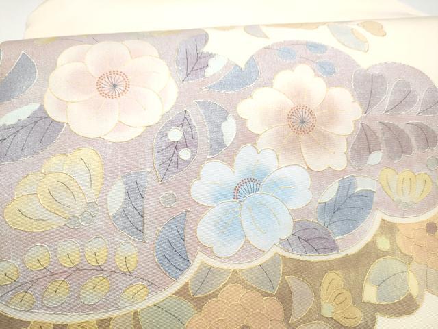 平和屋着物●塩瀬 九寸名古屋帯 雲重ね花文 金彩 正絹 逸品 CABF8777hy