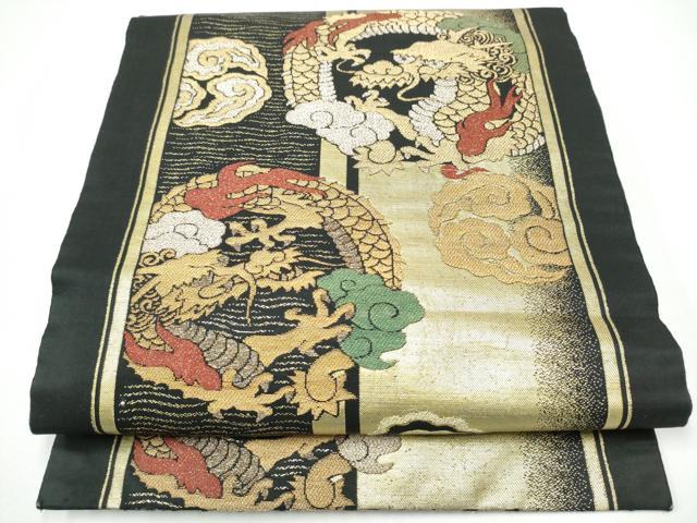 平和屋着物●九寸名古屋帯 龍 黒地 金銀糸 正絹 逸品 CABF8779hy