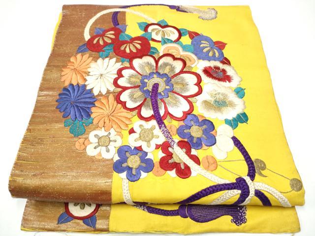 平和屋着物●アンティーク 大正ロマン 九寸名古屋帯 総手刺繍 鏡裏花文 金銀糸 正絹 逸品 CABF8781hy