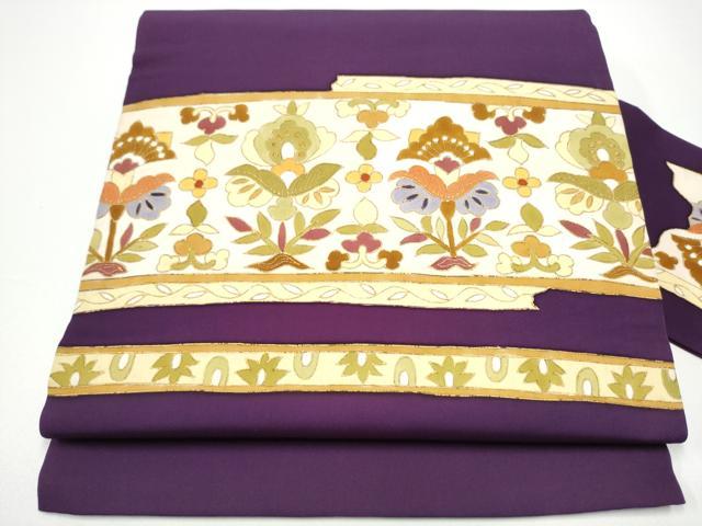 平和屋着物●塩瀬 九寸名古屋帯 型染め 更紗花文 金彩 正絹 逸品 CABF8791hy