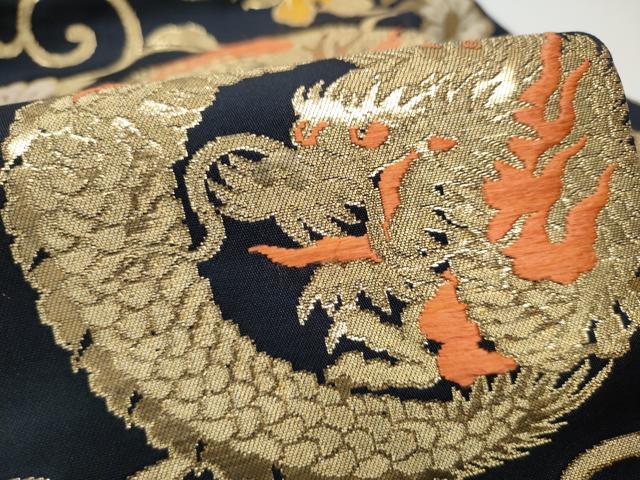 平和屋着物●全通柄 九寸名古屋帯 龍 鳳凰唐草文 黒地 金糸 正絹 逸品 CABF8793hy