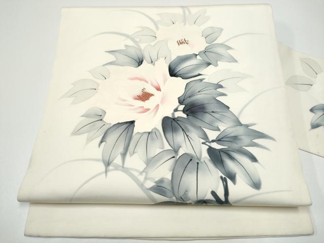平和屋着物●塩瀬 九寸名古屋帯 作家物 手描き 牡丹 金彩 正絹 逸品 CABF8799hy