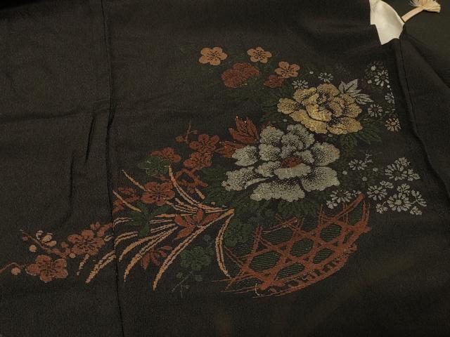 平和屋着物#羽織 寿光織 花籠文 黒地 金銀糸 正絹 逸品 CABF8815in