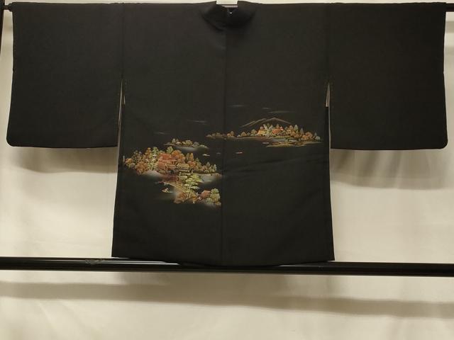 平和屋着物#羽織 寿光織 人物風景文 暈し染め 黒地 金糸 正絹 逸品 CABF8831in