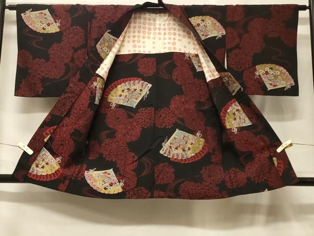 平和屋着物#羽織 檜扇流水花文 黒地 金糸 正絹 逸品 CABF8839in