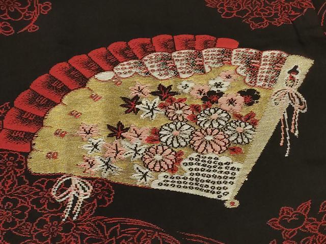 平和屋着物#羽織 檜扇流水花文 黒地 金糸 正絹 逸品 CABF8839in