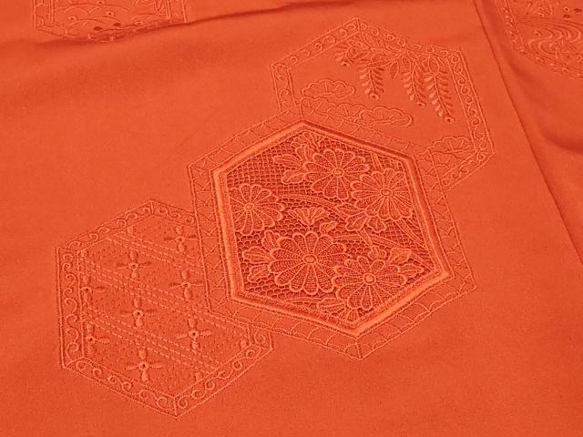 平和屋着物#羽織 色無地 総刺繍 亀甲草花地紋 緋色 正絹 逸品 CABF8848in
