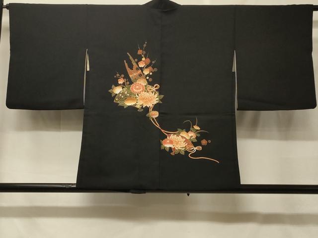 平和屋着物#羽織 扇面草花文 黒地 金彩 正絹 逸品 CABF8894in