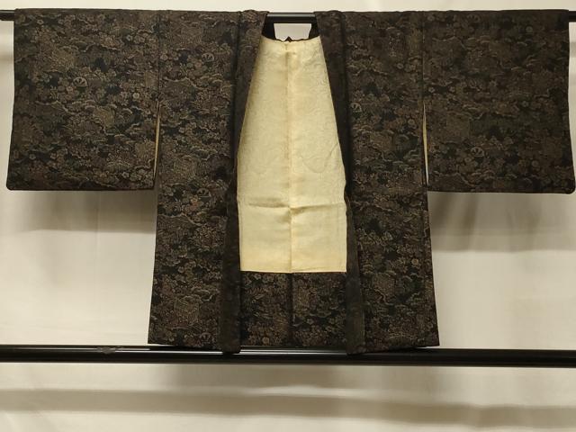 平和屋着物#羽織 寿光織 御所車草花文 黒地 金糸 正絹 逸品 CABF8897in