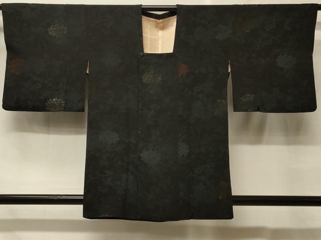 平和屋着物#道行コート 寿光織 草花文 黒地 銀糸 正絹 逸品 CABF8909in