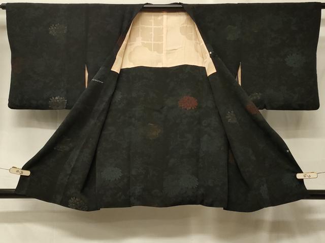 平和屋着物#道行コート 寿光織 草花文 黒地 銀糸 正絹 逸品 CABF8909in