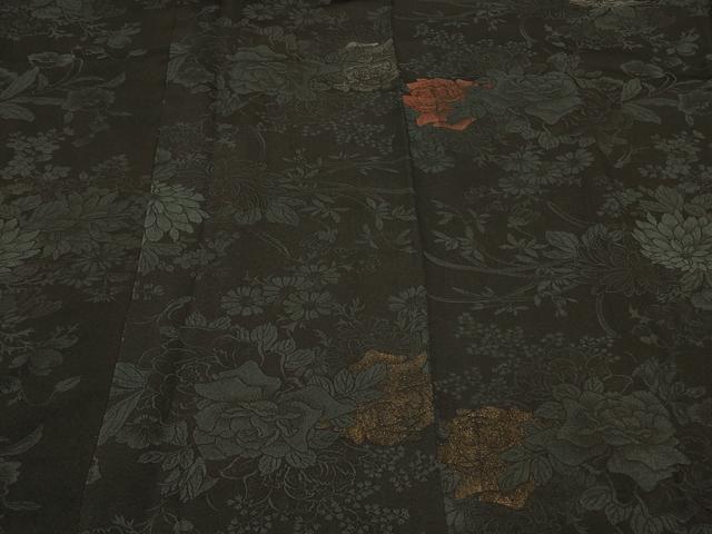 平和屋着物#道行コート 寿光織 草花文 黒地 銀糸 正絹 逸品 CABF8909in