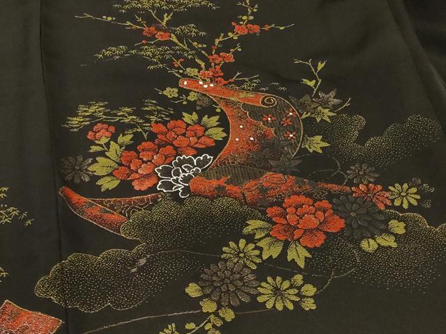 平和屋着物#羽織 寿光織 文箱巻物花文 黒地 金銀糸 正絹 逸品 CABF8915in