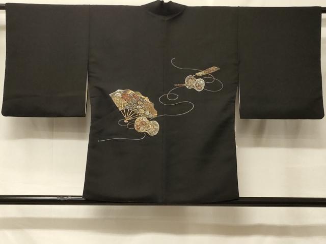 平和屋着物#羽織 寿光織 扇面鼓花文 黒地 金銀糸 正絹 逸品 CABF8936in