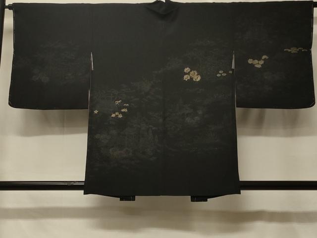 平和屋着物#羽織 寿光織 風景草花文 黒地 金銀糸 正絹 逸品 未使用 CABF8952in