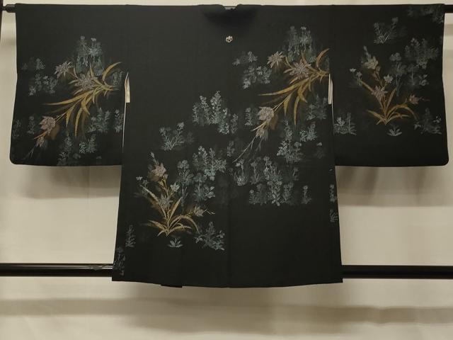 平和屋着物#羽織 寿光織 草花文 黒地 金銀糸 正絹 逸品 CABF8958in