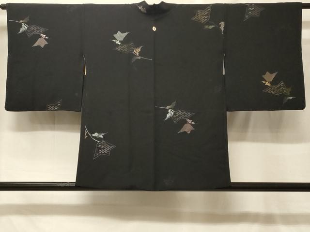 平和屋着物#羽織 寿光織 草花文 黒地 金糸 正絹 逸品 CABF8992in