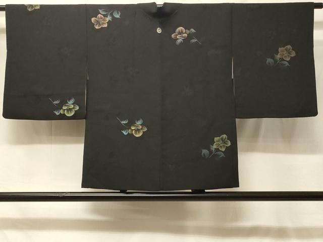 平和屋着物#羽織 寿光織 草花文 黒地 金糸 正絹 逸品 CABF8993in