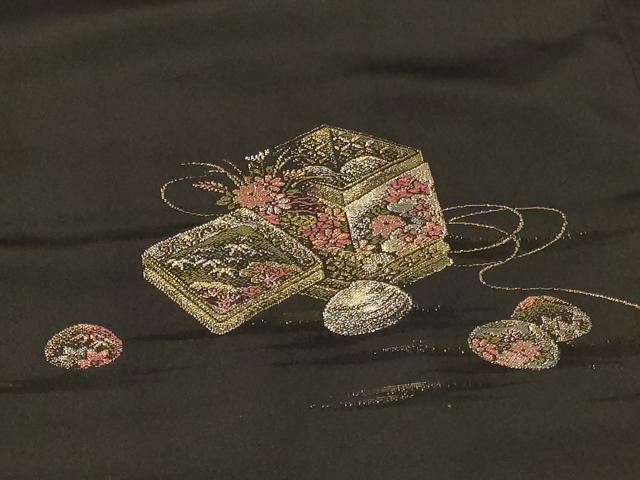 平和屋着物#羽織 寿光織 貝桶花文 黒地 金糸 正絹 逸品 CABF8997in