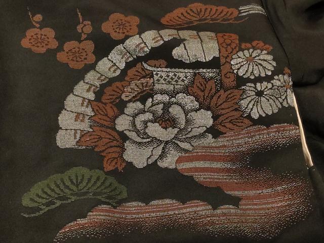 平和屋着物#羽織 寿光織 檜扇草花文 黒地 銀糸 正絹 逸品 CABF9048in