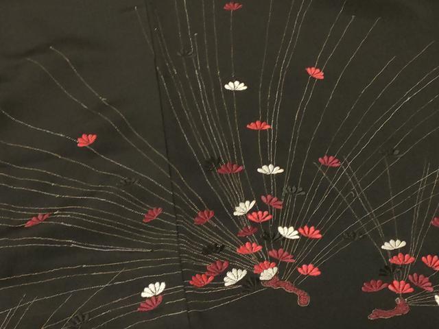 平和屋着物#羽織 刺繍 枝花文 黒地 金銀糸 正絹 逸品 CABF9068in