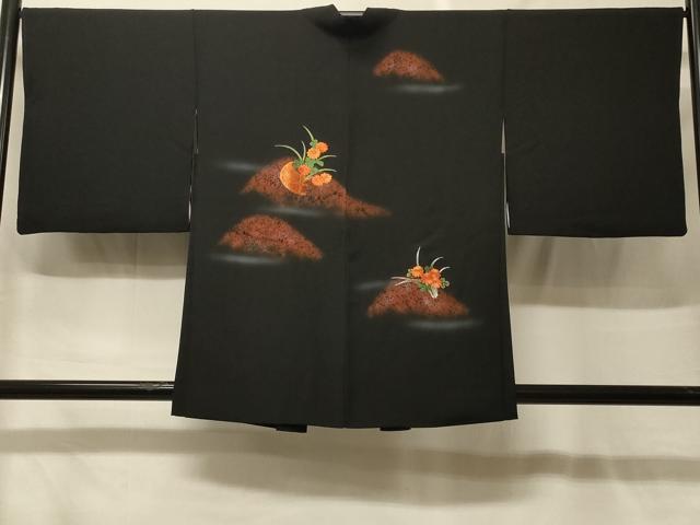 平和屋着物#羽織 刺繍 花籠文 暈し染め 黒地 正絹 逸品 CABF9087in