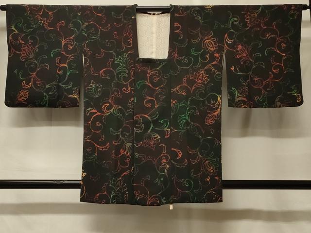 平和屋着物#道行コート 更紗花文 黒地 正絹 逸品 CABF9124in