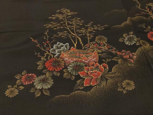 平和屋着物#羽織 寿光織 糸車草花文 黒地 金糸 正絹 逸品 CABF9133in