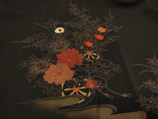 平和屋着物#羽織 刺繍 花車文 黒地 金彩 正絹 逸品 CABF9150in