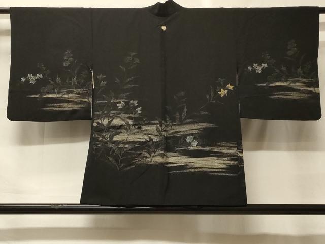 平和屋着物#羽織 寿光織 霞枝花文 黒地 銀糸 正絹 逸品 CABF9151in