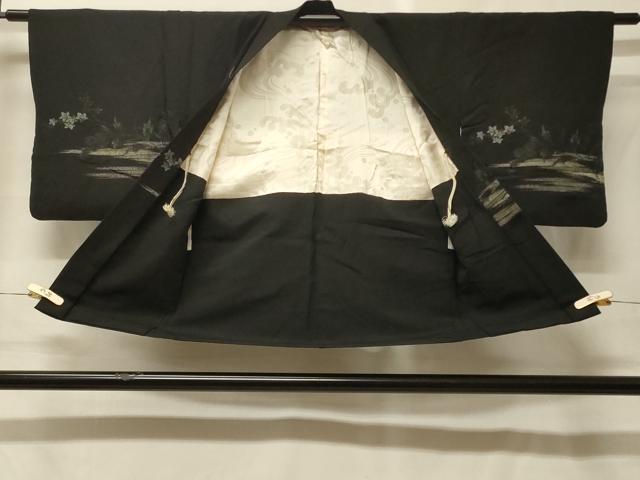 平和屋着物#羽織 寿光織 霞枝花文 黒地 銀糸 正絹 逸品 CABF9151in