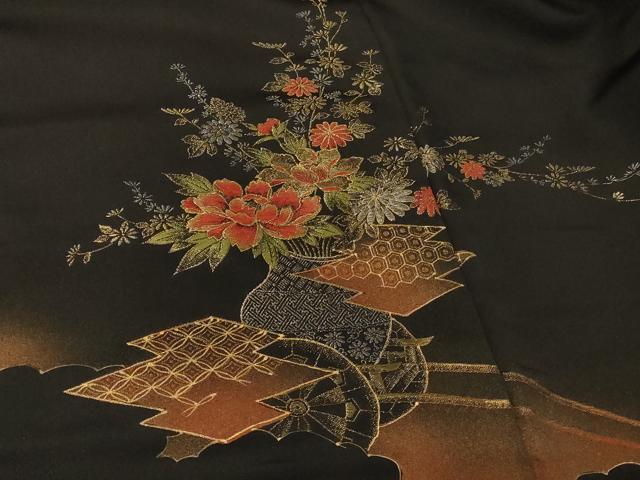 平和屋着物#羽織 寿光織 花車文 黒地 金彩 正絹 逸品 CABF9153in
