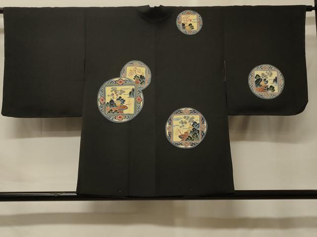 平和屋着物#羽織 作家物 絵皿風景文 黒地 正絹 逸品 未使用 CABF9167in