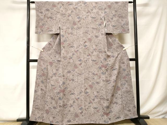 平和屋着物■上質な小紋 型染め 遠山飛鶴花文 鬼しぼ縮緬 正絹 逸品 CABF9228ev