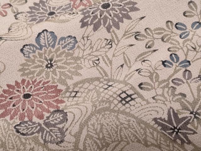 平和屋着物■上質な小紋 型染め 遠山飛鶴花文 鬼しぼ縮緬 正絹 逸品 CABF9228ev