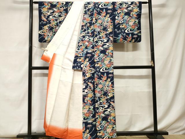 平和屋着物■上質な小紋 型染め 流水花鳥文 正絹 逸品 CABF9238ev