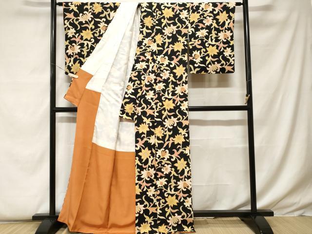 平和屋着物■上質な小紋 更紗花唐草文 黒地 金彩 正絹 逸品 CABF9243ev