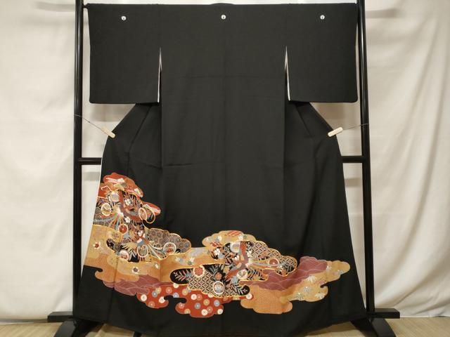 平和屋着物■豪華黒留袖　駒刺繍　鳳凰吉祥花丸文　金彩　正絹　逸品　CABF9335ev 平和屋着物□豪華黒留袖 駒刺繍 鳳凰吉祥花丸文 金彩 正絹 逸品