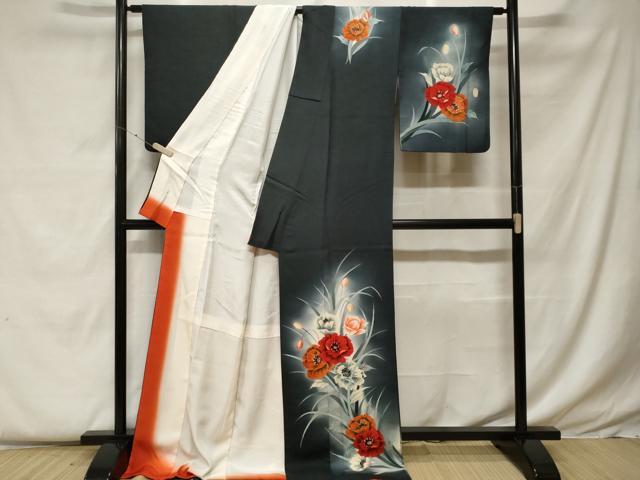 平和屋着物■訪問着 草花文 暈し染め 黒地 ロング丈 正絹 逸品 CABF9383ev