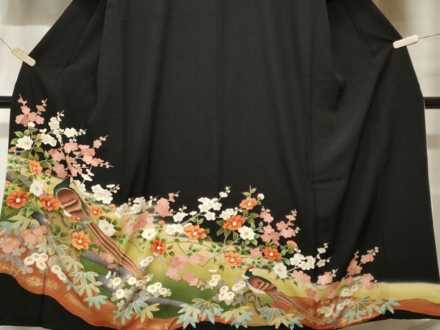 平和屋着物■豪華黒留袖 駒刺繍 尾長鳥笹椿梅文 金彩 正絹 逸品 CABF9521ev