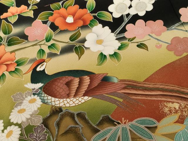 平和屋着物■豪華黒留袖 駒刺繍 尾長鳥笹椿梅文 金彩 正絹 逸品 CABF9521ev