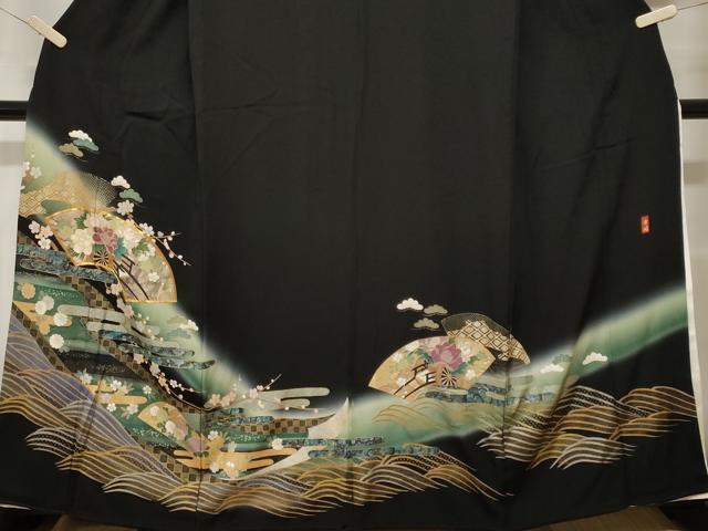 平和屋着物■豪華黒留袖 作家物 駒刺繍 流水地紙花車文 暈し染め 金銀彩 正絹 逸品 CABF9600ev