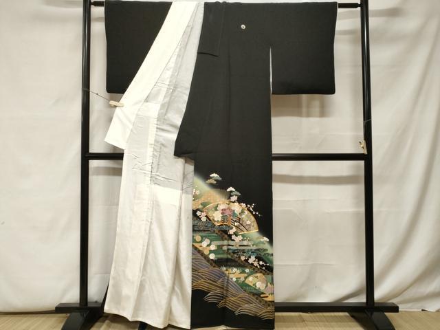 平和屋着物■豪華黒留袖 作家物 駒刺繍 流水地紙花車文 暈し染め 金銀彩 正絹 逸品 CABF9600ev
